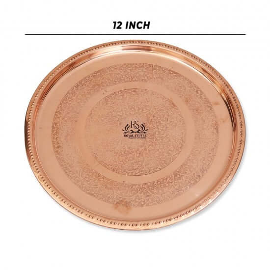 12 Inches Pure Copper Thali Plate with Floral Design, Home Hotel Restaurant, Dinnerware and Serveware, Diameter- Set of 4