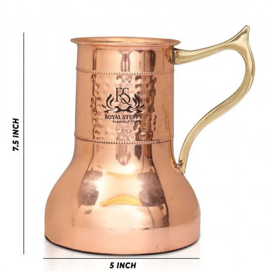 ROYALSTUFFS Pure Copper Designer Hammered and Smooth Bedroom Carafe Bottle with Handle and Set of 4 Copper Glasses | Drinkware | Diwali Anniversary/Party/Mother's Day Gift Pack of - 5