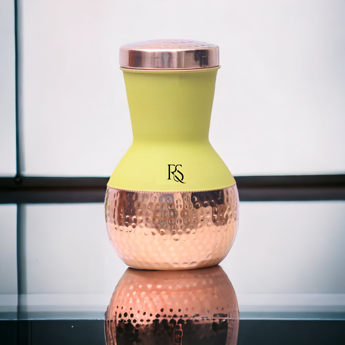 ROYALSTUFFS Copper Yellow Matka Pot with Inbuilt Glass Capacity 1250 ML