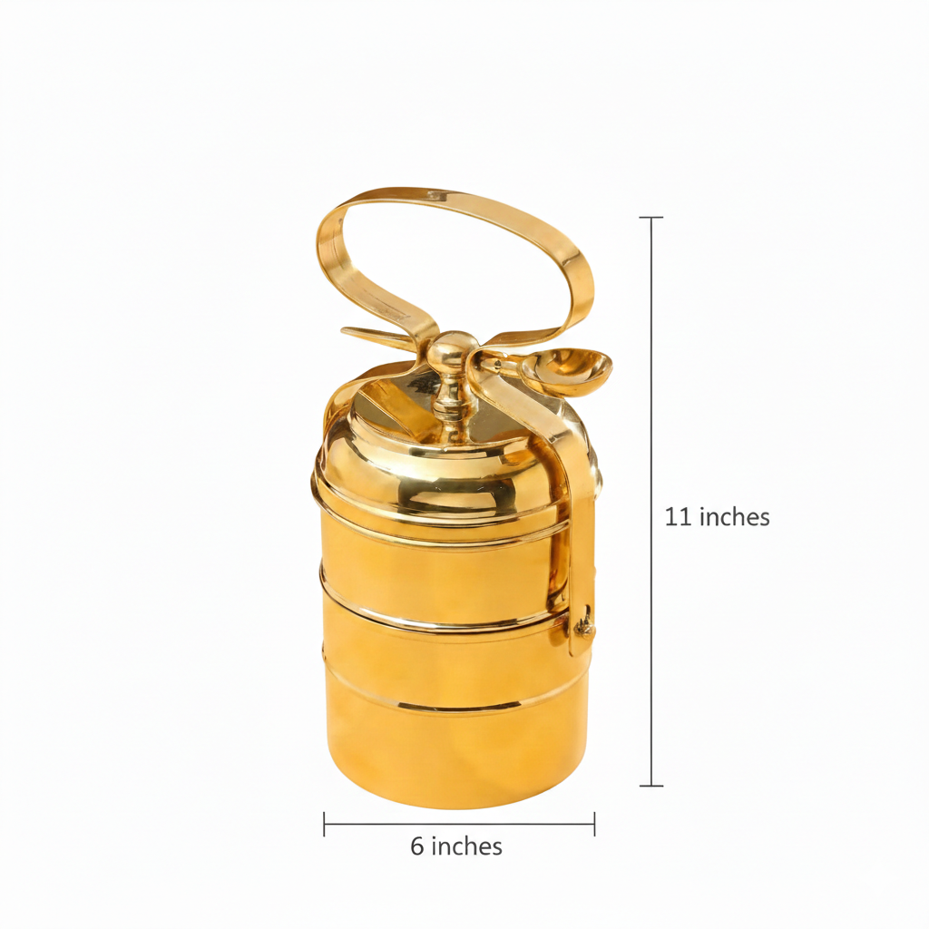 Brass 3 Tier with Tin Lining Four Compartments Office Tiffin Lunch Box by RoyalStuffs.com