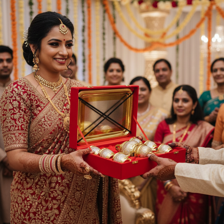 ROYALSTUFFS Brass Gold & Silver Tea Set with Red Velvet Box
