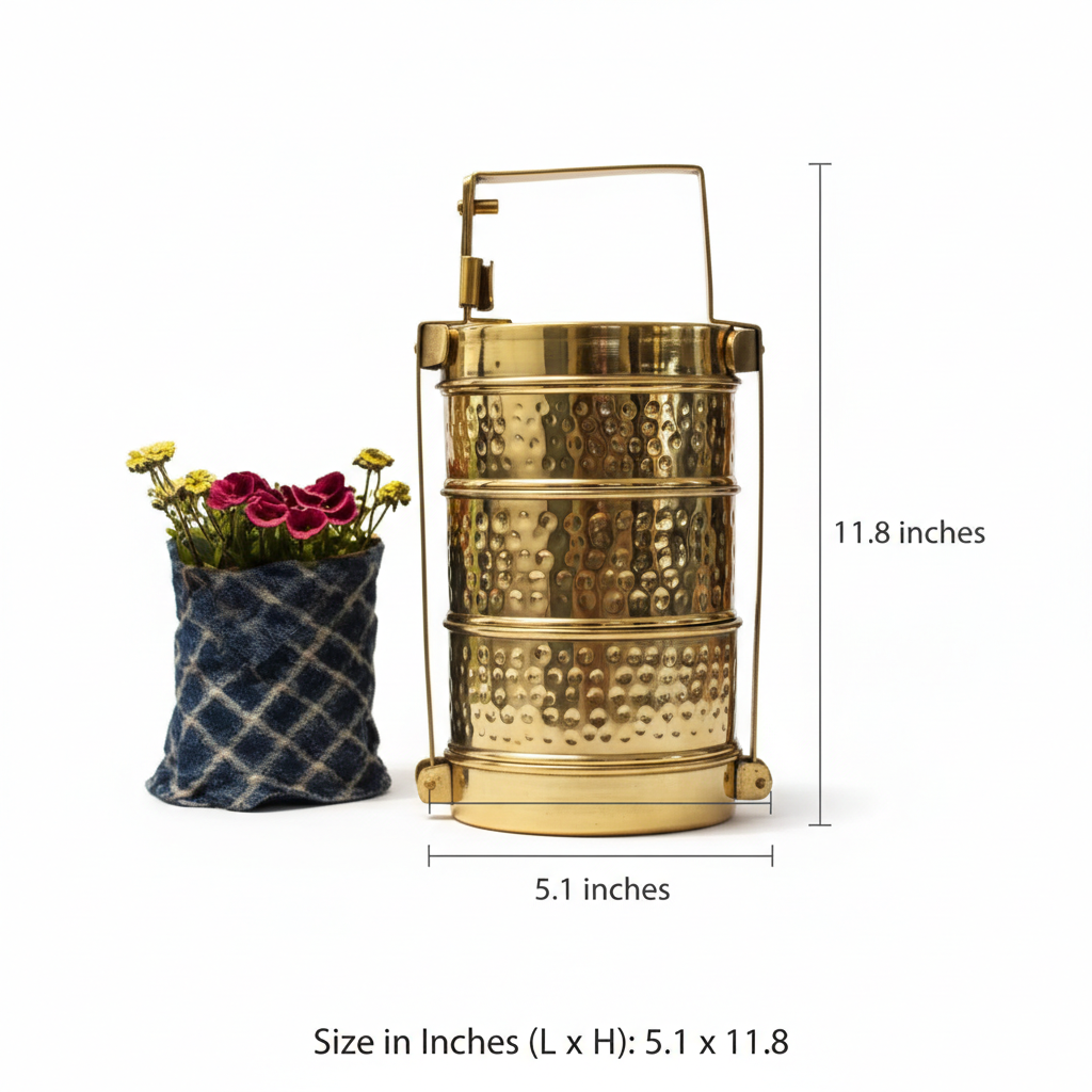 Handmade Hammered Brass 3-Tier Lunch Box (Traditional Tiffin Carrier)