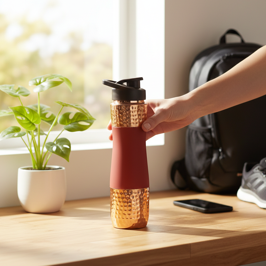 Person holding a gold and red water bottle on a wooden surface with a plant and backpack in the background.