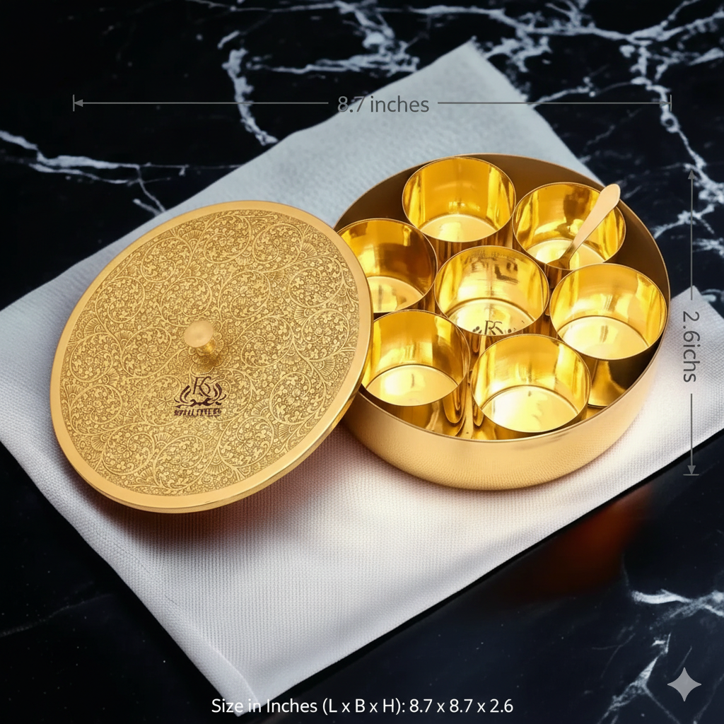 Pure Brass Spice Box (Masala Dani) Set With 1 Spoon And 7 Containers For Kitchen