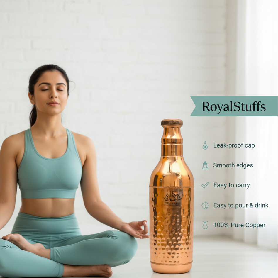 Woman in yoga pose with a copper bottle and 'RoyalStuffs' branding.