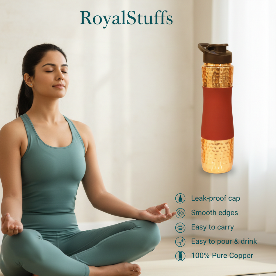 Woman meditating with a copper-infused water bottle on a white background, featuring the brand 'RoyalStuffs'.