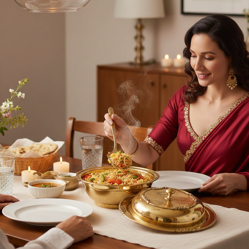 Woman in traditional attire serving food at a dining table with a warm and inviting atmosphere.