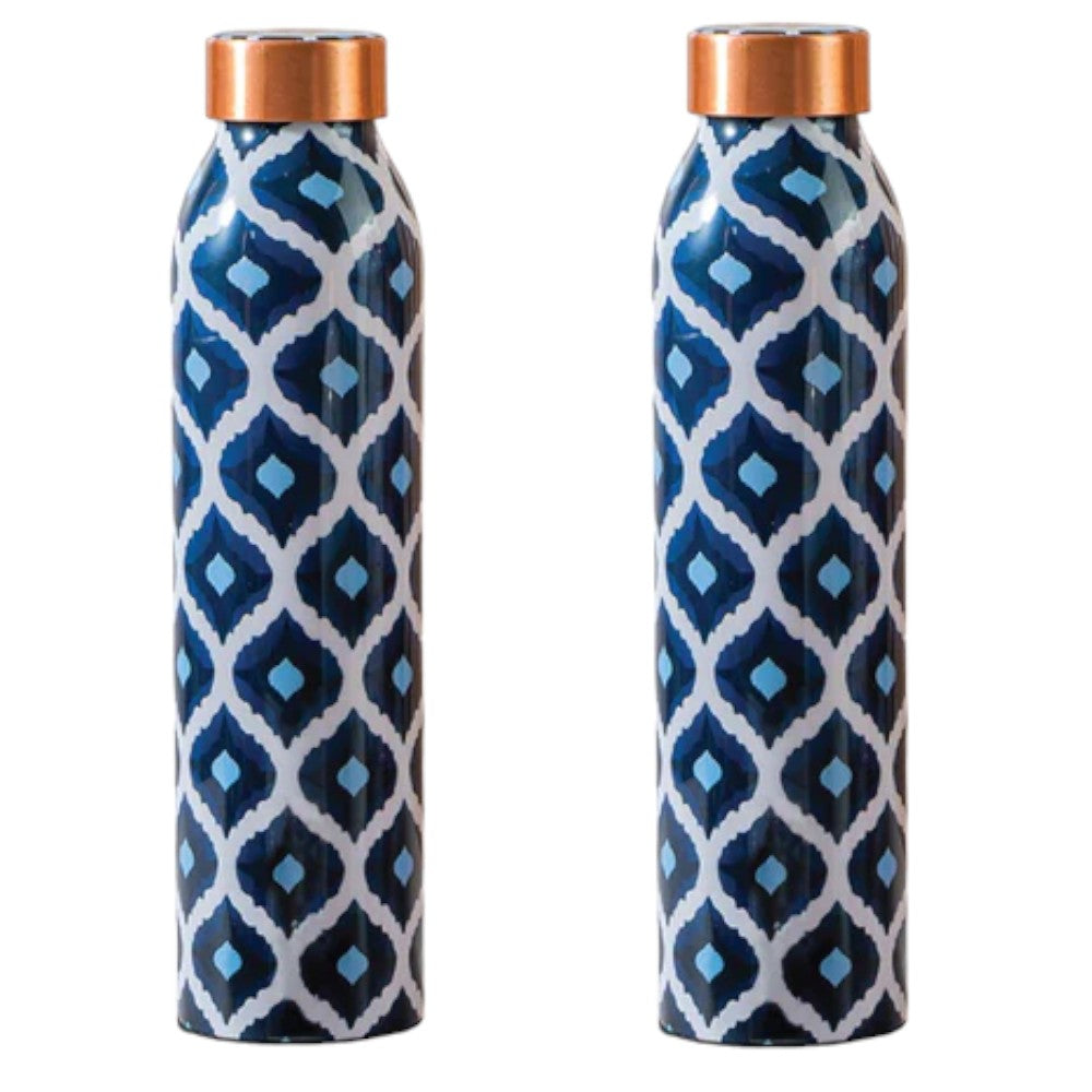 ROYALSTUFFS Pack Of 2 Multi Blue Printed Water Copper Bottle - 1000 ml Extra Large | 100% Leak Proof | Office Bottle | Gym Bottle | Yoga Bottle | Home | Kitchen | Bottle