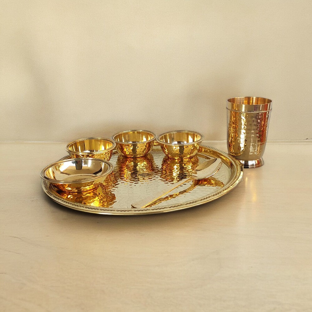 Pure Brass Hammered 7-Piece Dinner Set / Thali Set with Beaded Line Design