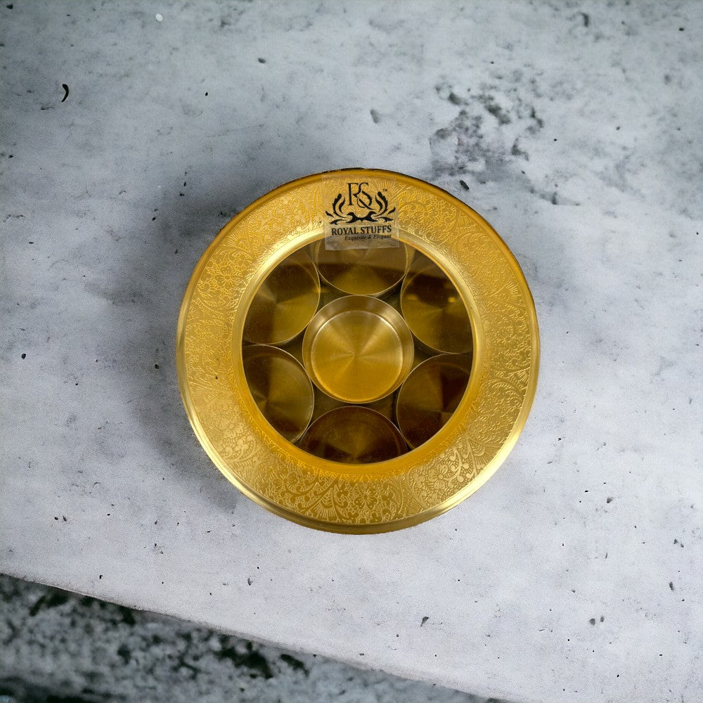 Brass Masala Dani Indian Spice Box with Brass and Glass Cover and Spoon 7 Containers For Kitchen medium size