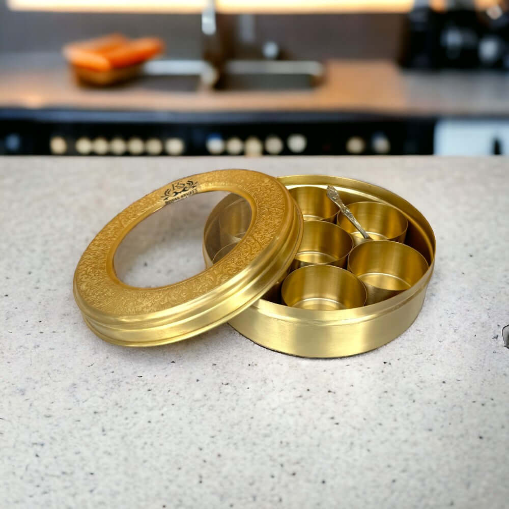 Brass Masala Dani Indian Spice Box with Brass and Glass Cover and Spoon 7 Containers For Kitchen medium size