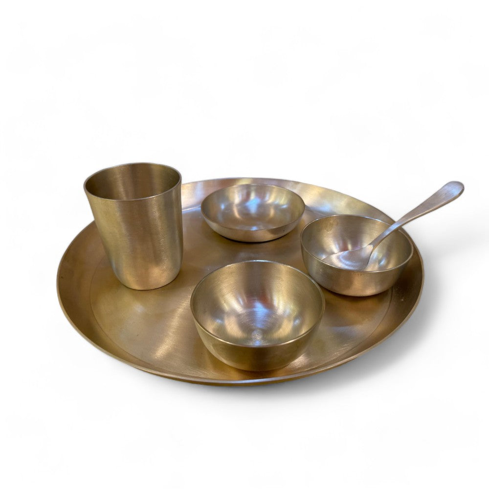 ROYALSTUFFS 11.8 Inch Matt Finish Kansa Bhojan Set Traditional Indian Dining Kit with Thali, Glass, Wati, Sweet Dish & Spoon - Ayurvedic Kansa Dinner Set of 6