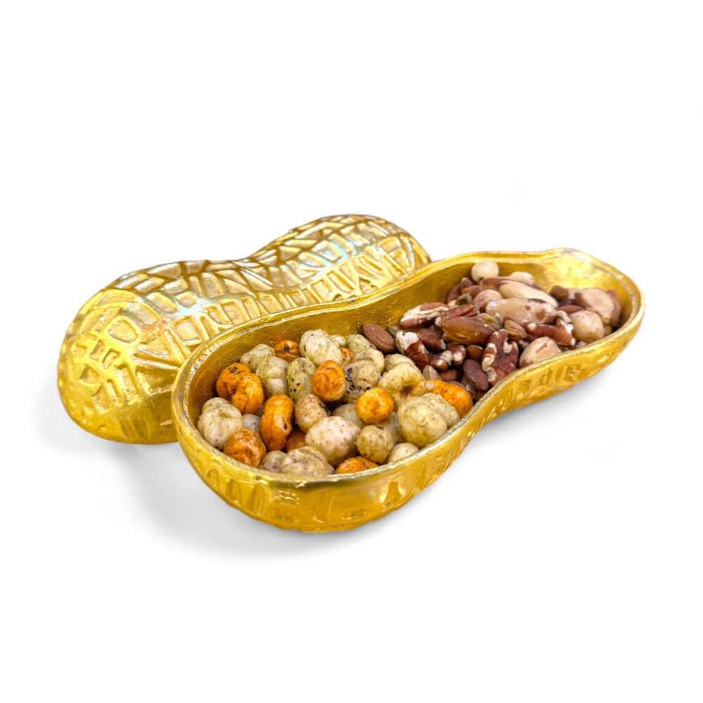 Metal Crafted Peanut/Mumfali Design Serving Bowl in Golden Color