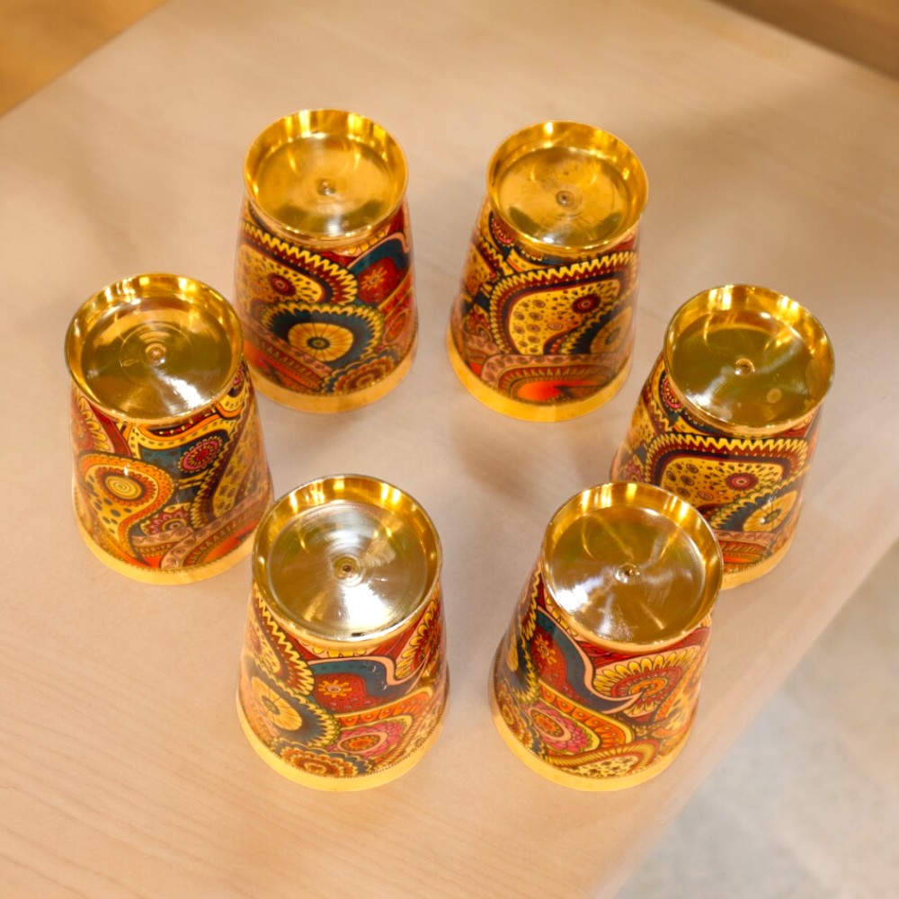 Colorful Enamel Finish Brass Glass Set - Set of 6