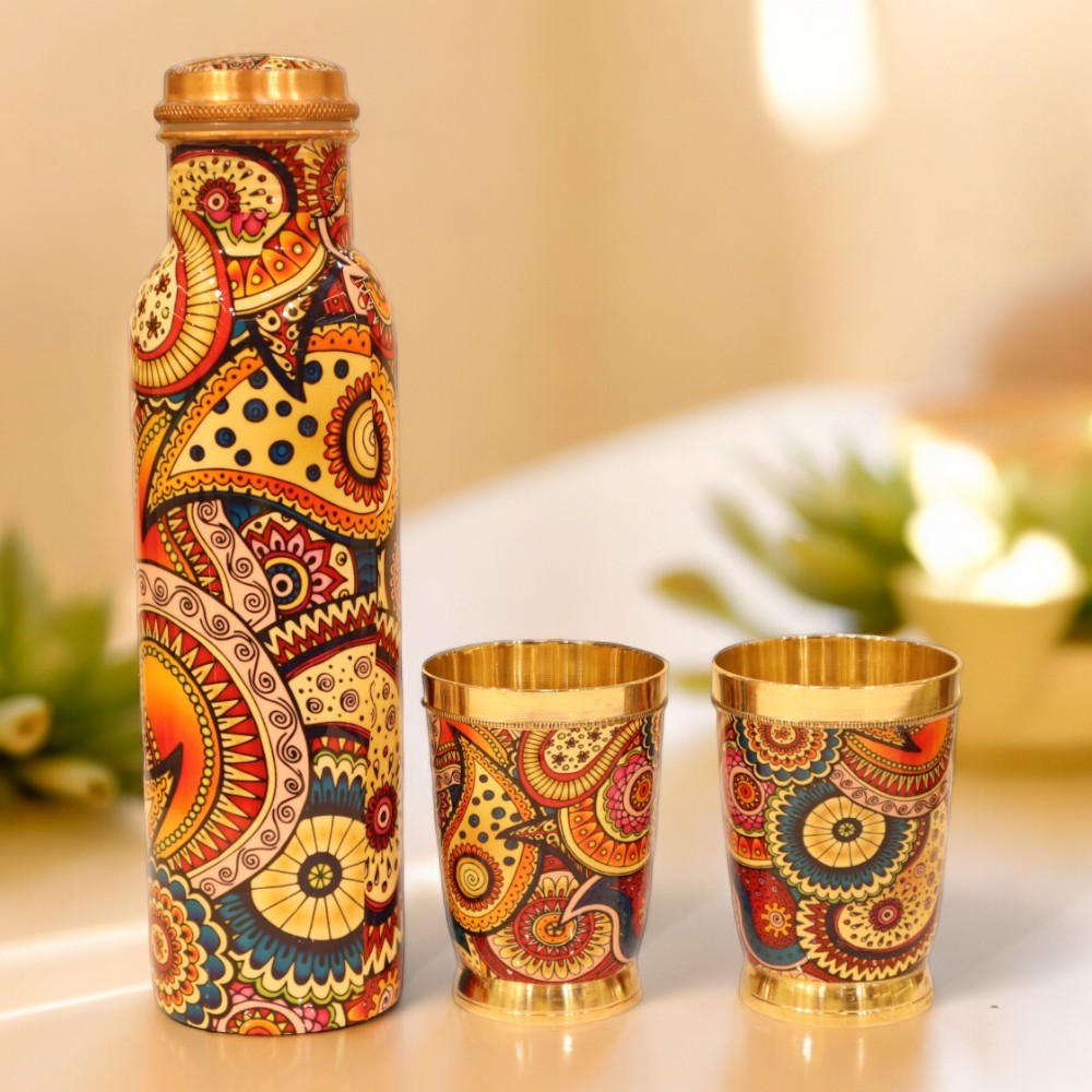 Colorful Enamel Finish Copper Bottle (1 Liter) with Two Colorful Enamel Finish Brass Glasses