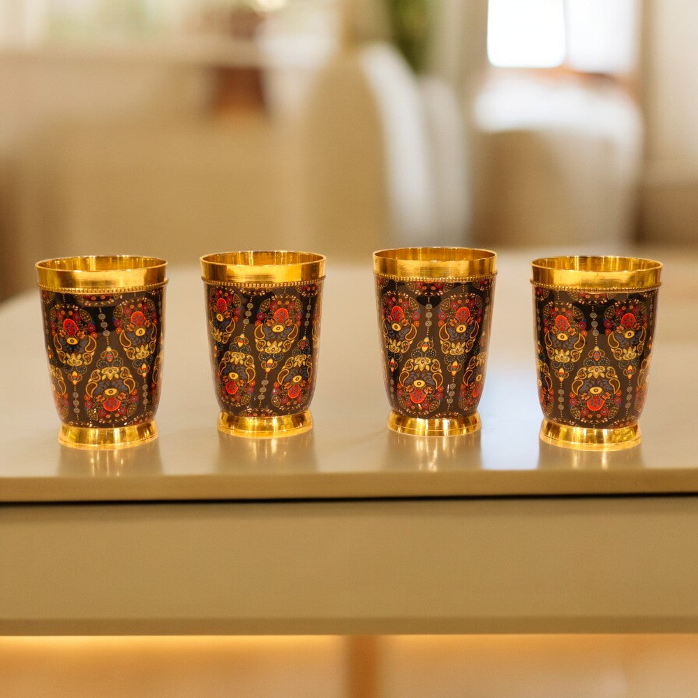 Colorful Enamel Finish Brass Glass Set - Set of 4