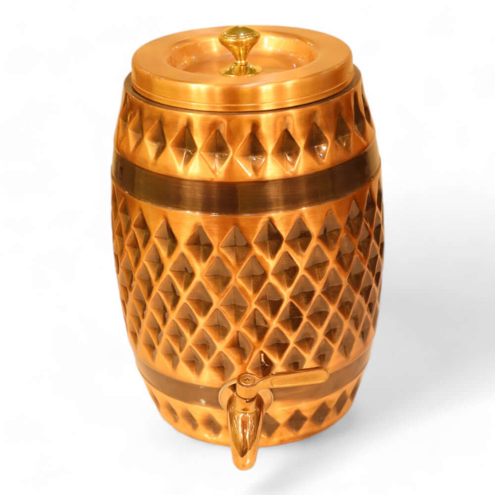 Dholak-Shaped Diamond Pattern Antique Copper Water Dispenser