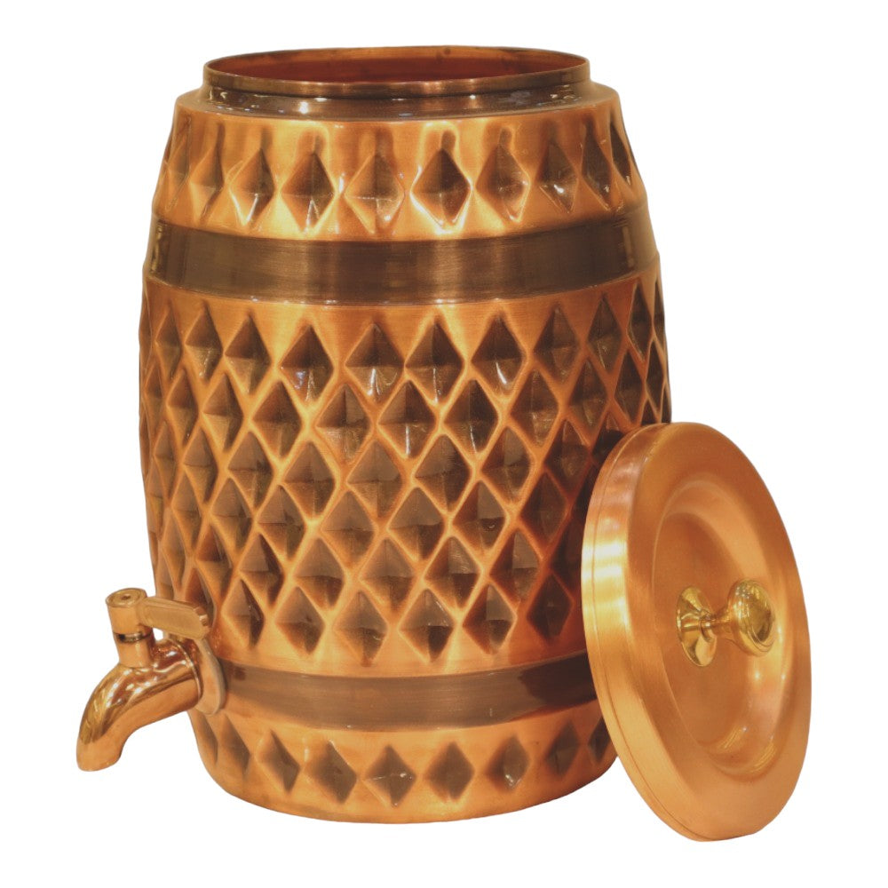 Dholak-Shaped Diamond Pattern Antique Copper Water Dispenser