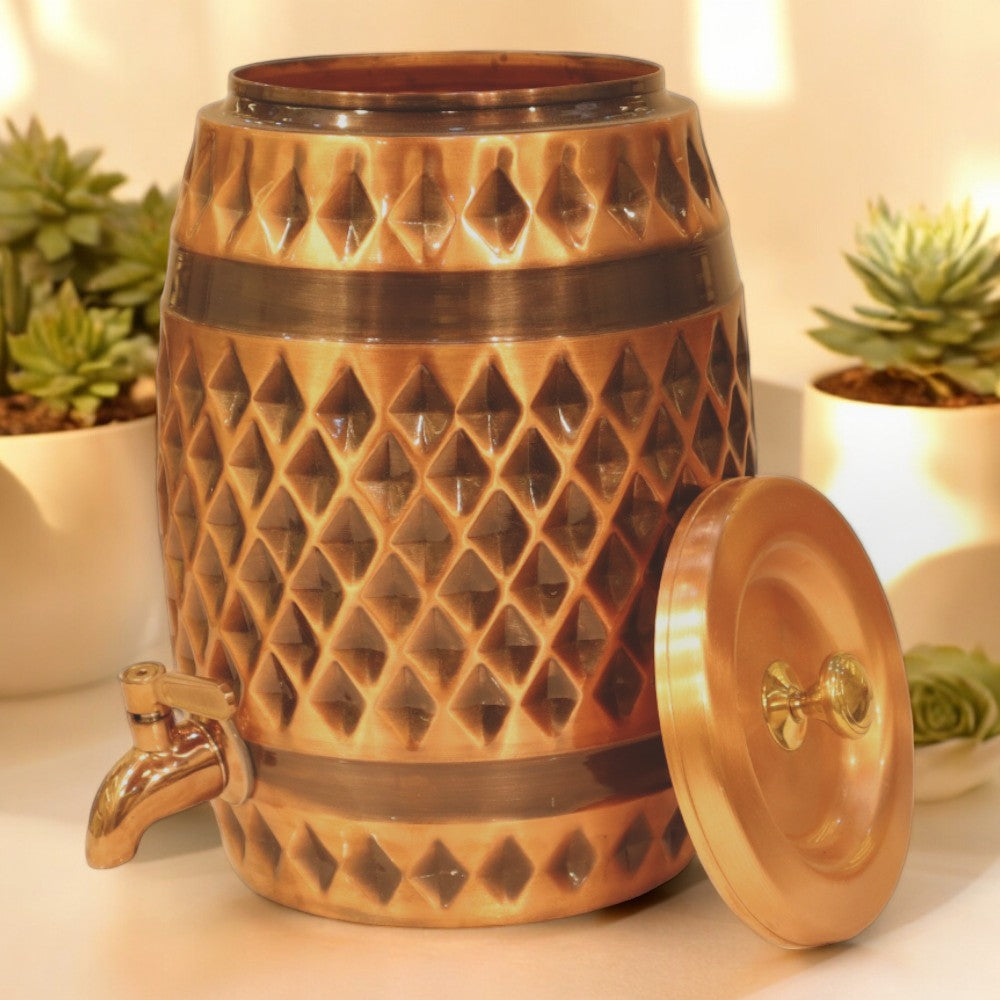 Dholak-Shaped Diamond Pattern Antique Copper Water Dispenser