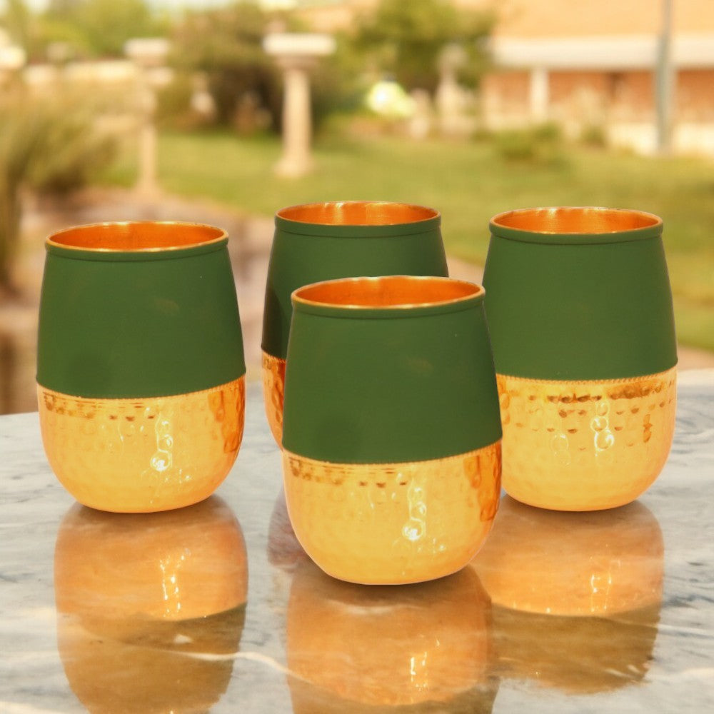 Set of 4 Silk Green Half Hammered Dholak Tumblers - Pure Copper Water Glass - 250ml Capacity