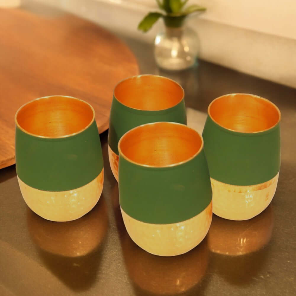 Set of 4 Silk Green Half Hammered Dholak Tumblers - Pure Copper Water Glass - 250ml Capacity