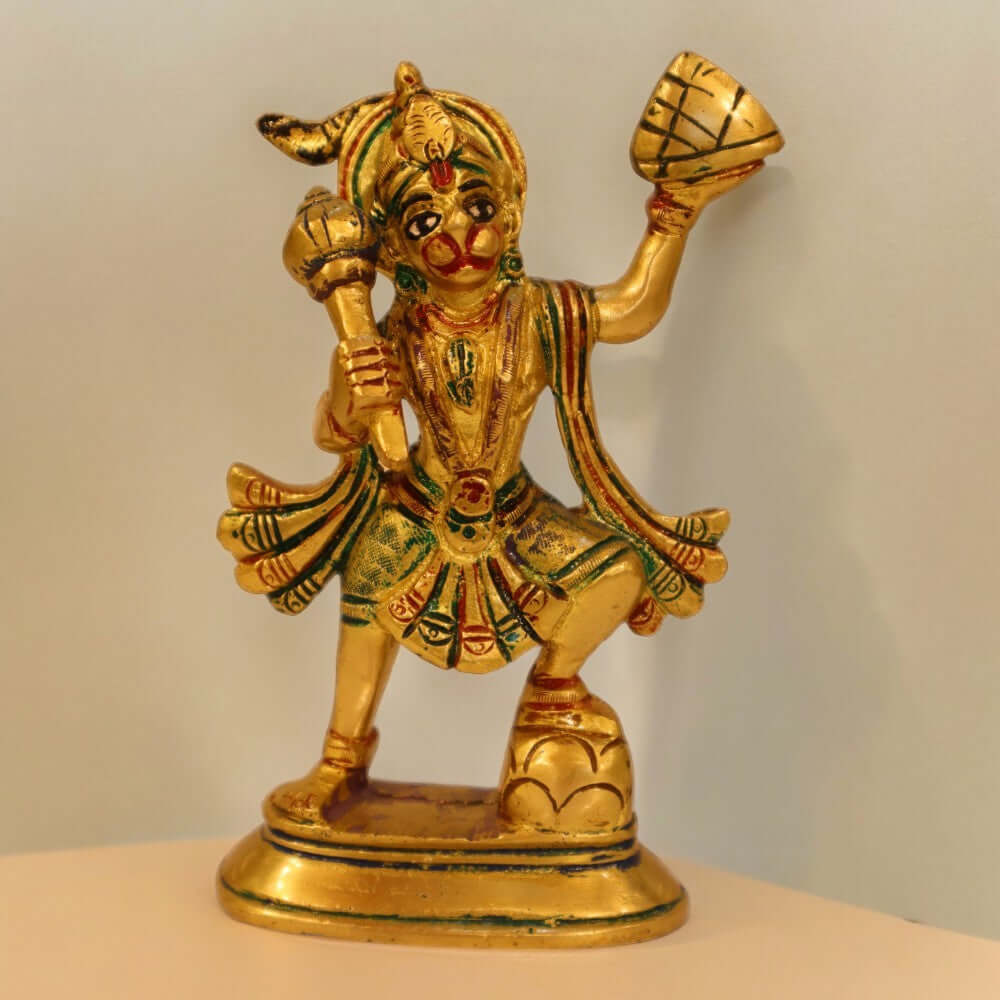 Coloured Brass Hanuman Parvat Standing Statue Idol - 6 Inch