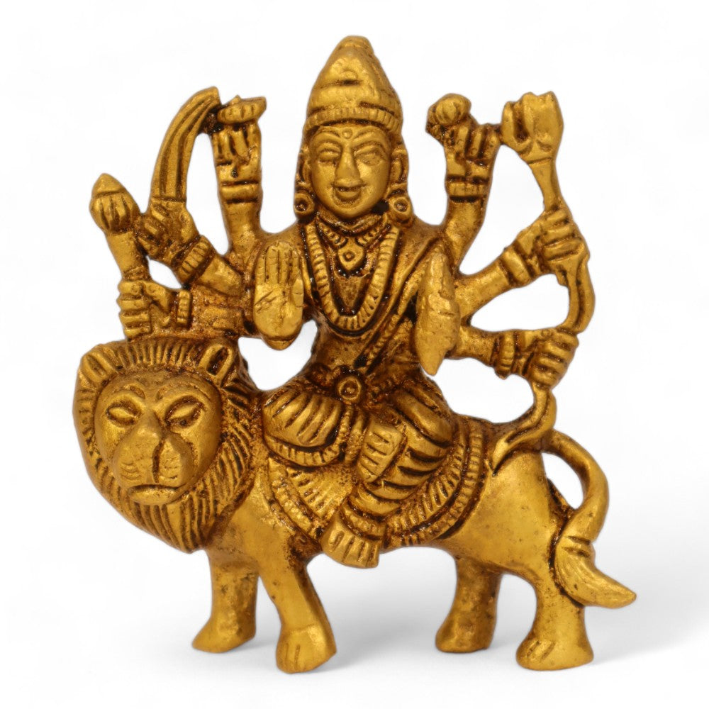 Brass Antique Finish Handmade Sherawali Mata Idol, Maa Durga on Lion - 4 Inch