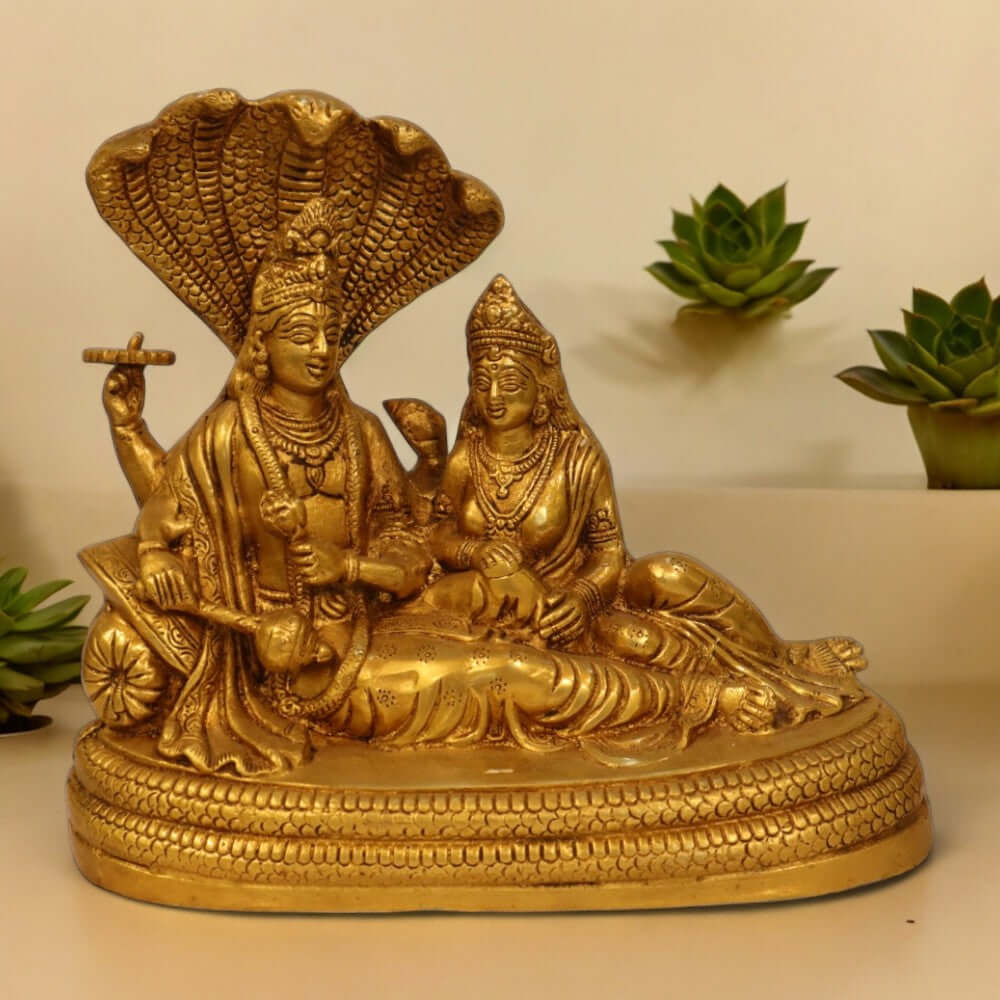 Brass Antique Finish Lord Vishnu with Lakshmi Resting upon Shesha Naag - 9 inches