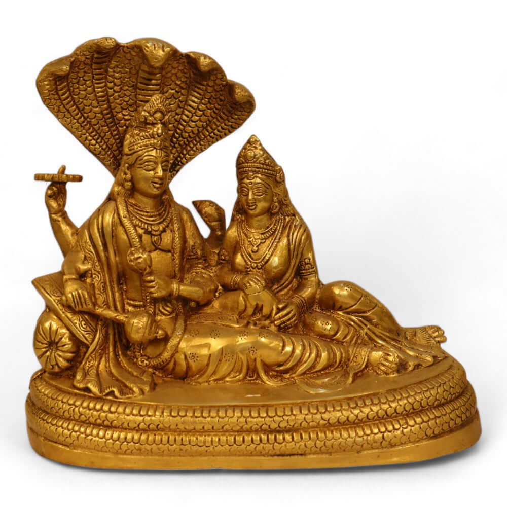 Brass Antique Finish Lord Vishnu with Lakshmi Resting upon Shesha Naag - 9 inches