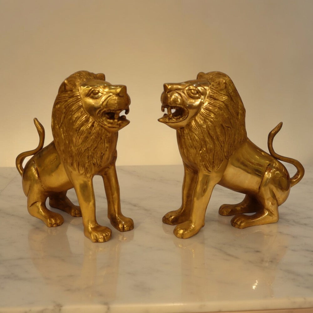 royalstuffs Brass Antique Finish Lion Pair - 8 Inch