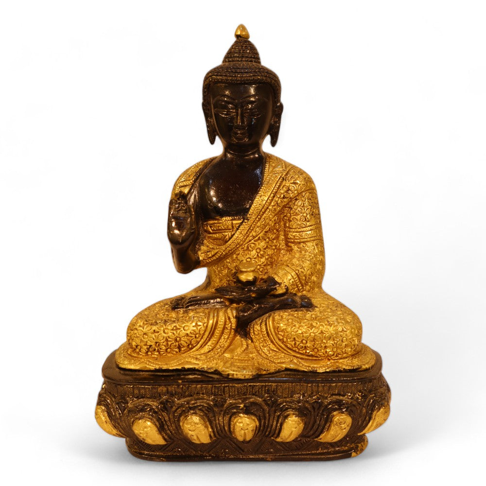 Gold & Black Embossed Brass Meditating Blessing Buddha - 11 Inches