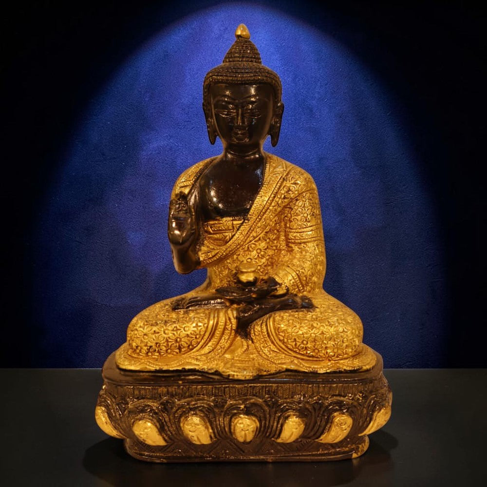 Gold & Black Embossed Brass Meditating Blessing Buddha - 11 Inches