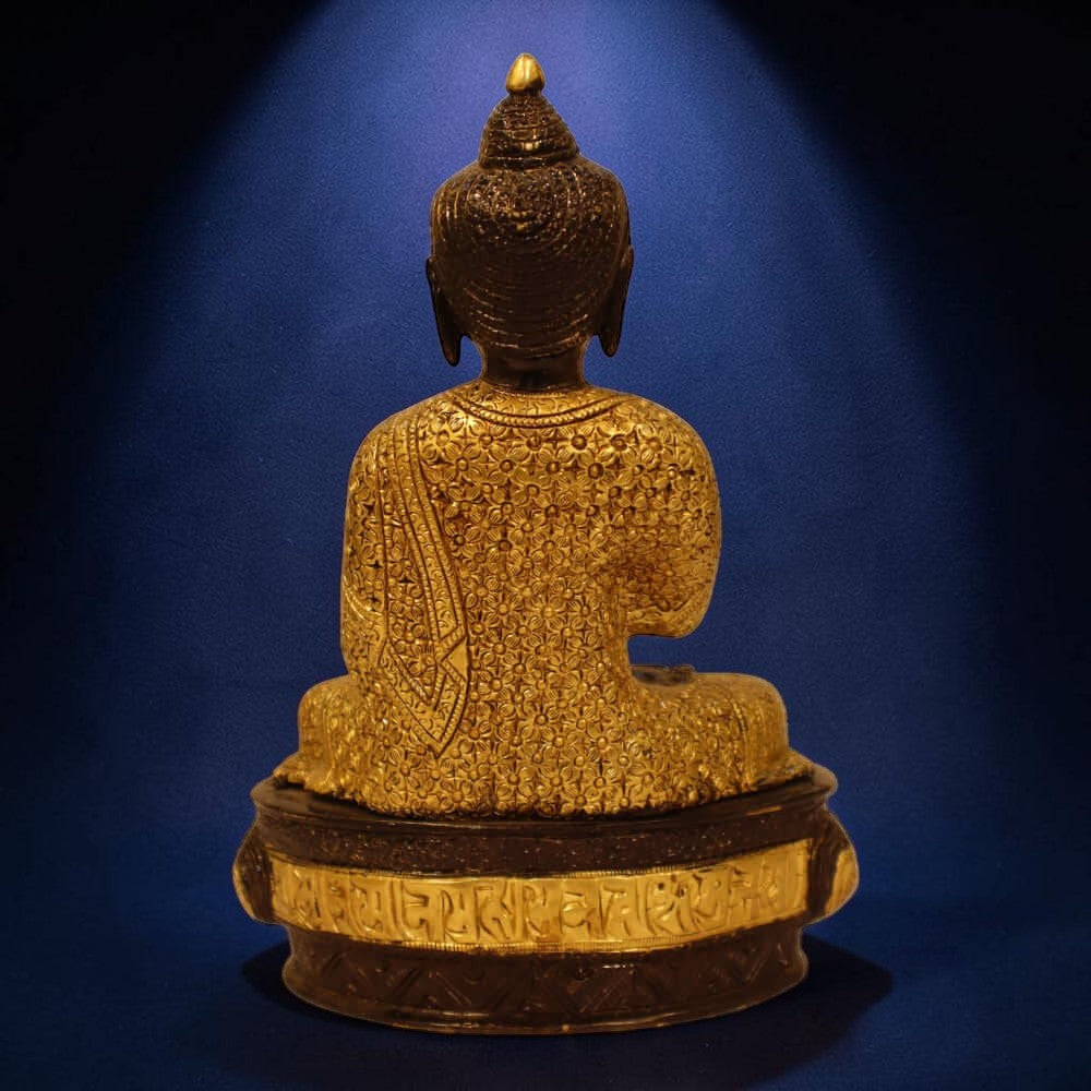 Gold & Black Embossed Brass Meditating Blessing Buddha - 11 Inches