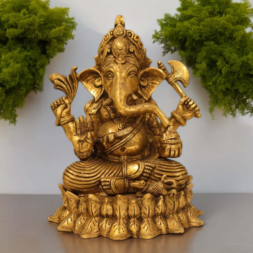 Indian Handmade Brass Antique Finish 10-Inch Lord Ganpati Murti on Lotus Base - 4.5 KG