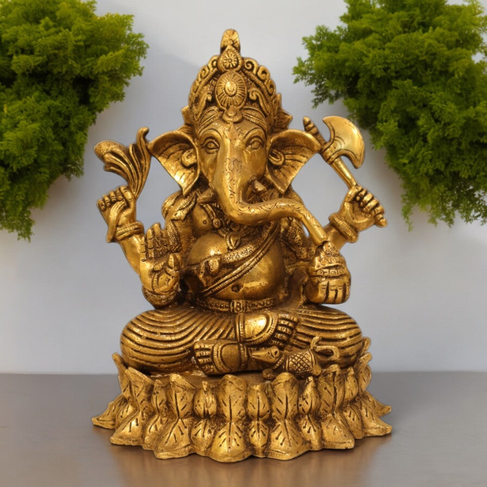 Indian Handmade Brass Antique Finish 10-Inch Lord Ganpati Murti on Lotus Base - 4.5 KG 