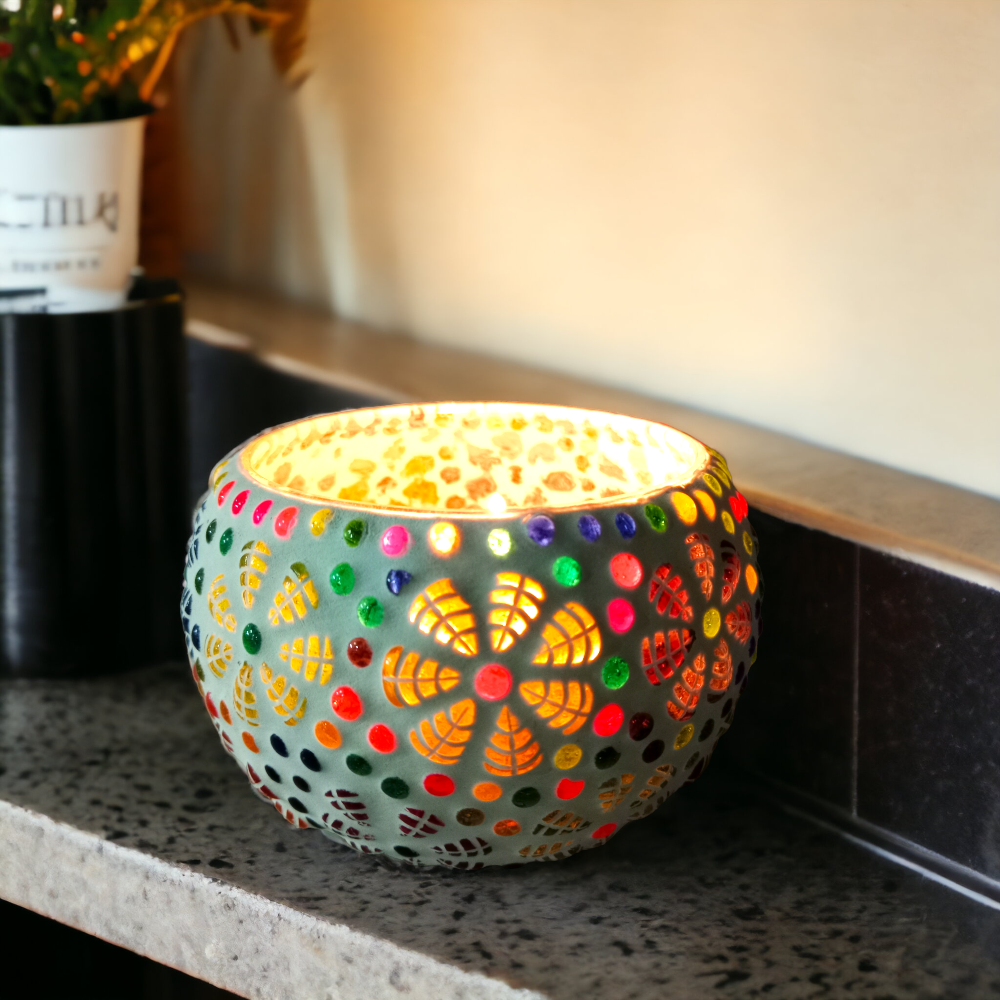 Big Handmade Mosaic Multicolored Candle Holder Tealight Holder