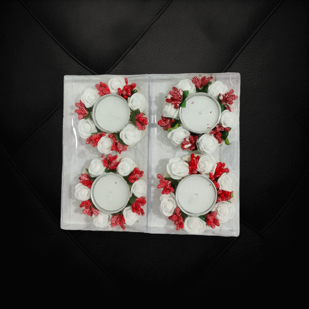 Set 4 White Rose with Red Flower Design Metallic Diya Tea Light Candle Holder for Home Office Decoration Puja Articles Decor Gift TeaLight