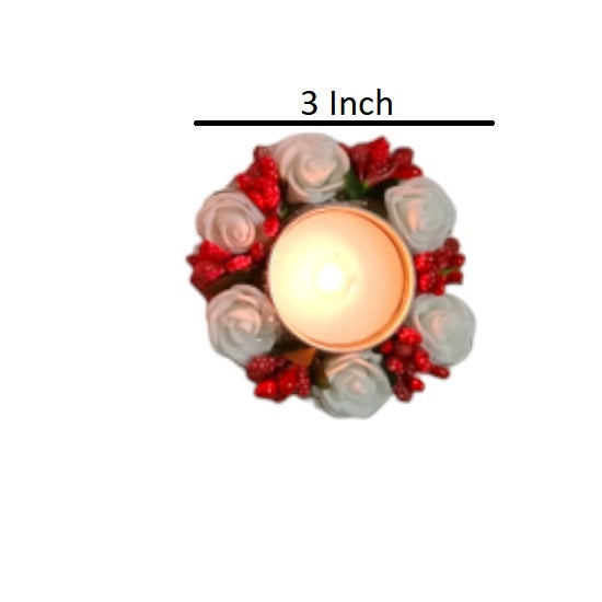 Set 4 White Rose with Red Flower Design Metallic Diya Tea Light Candle Holder for Home Office Decoration Puja Articles Decor Gift TeaLight 