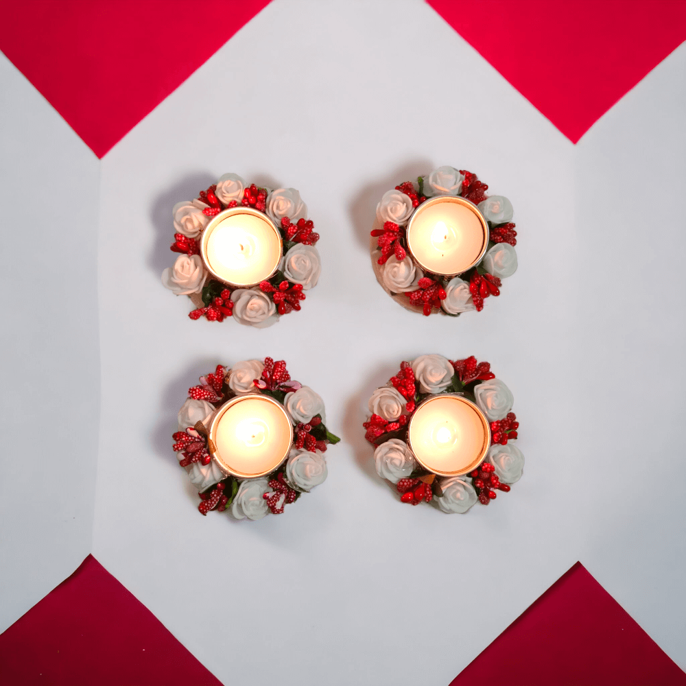Set 4 White Rose with Red Flower Design Metallic Diya Tea Light Candle Holder for Home Office Decoration Puja Articles Decor Gift TeaLight
