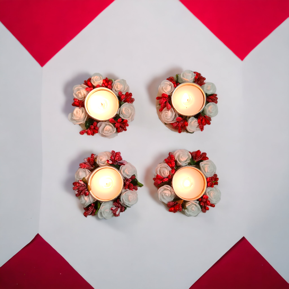 Set 4 White Rose with Red Flower Design Metallic Diya Tea Light Candle Holder for Home Office Decoration Puja Articles Decor Gift TeaLight 