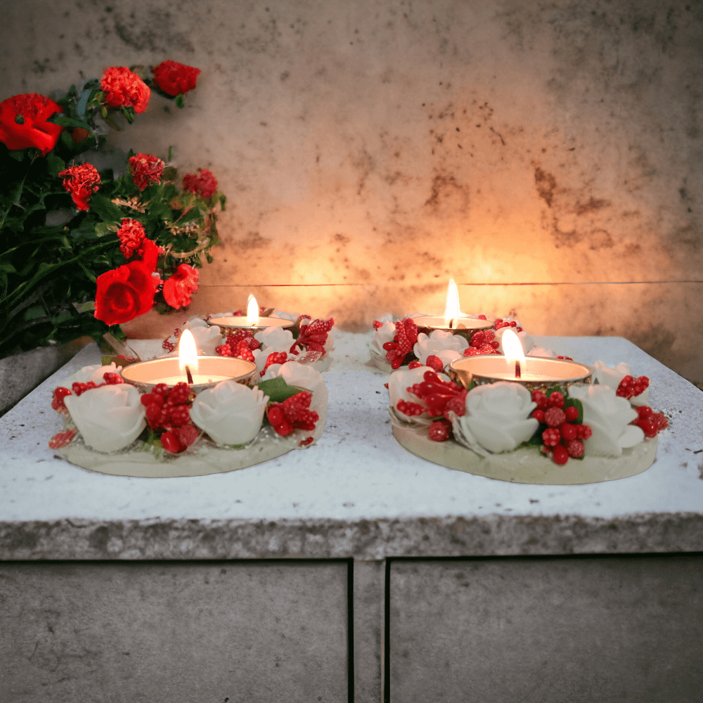 Set 4 White Rose with Red Flower Design Metallic Diya Tea Light Candle Holder for Home Office Decoration Puja Articles Decor Gift TeaLight