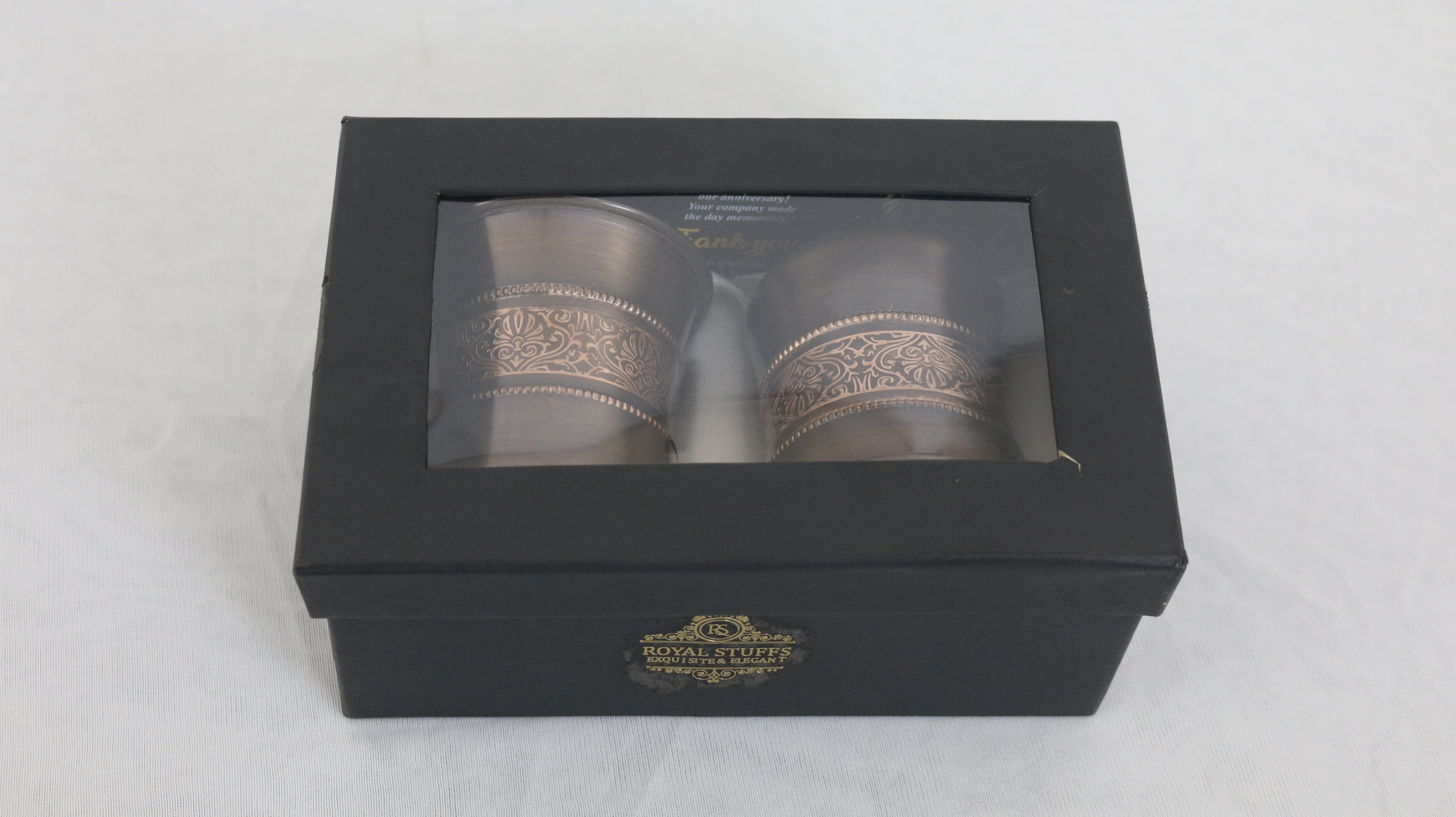 ROYALSTUFFS Pure Copper Water Glass Set of 2 Brown Antique Engraved Tumbler Capacity 300ML With Box