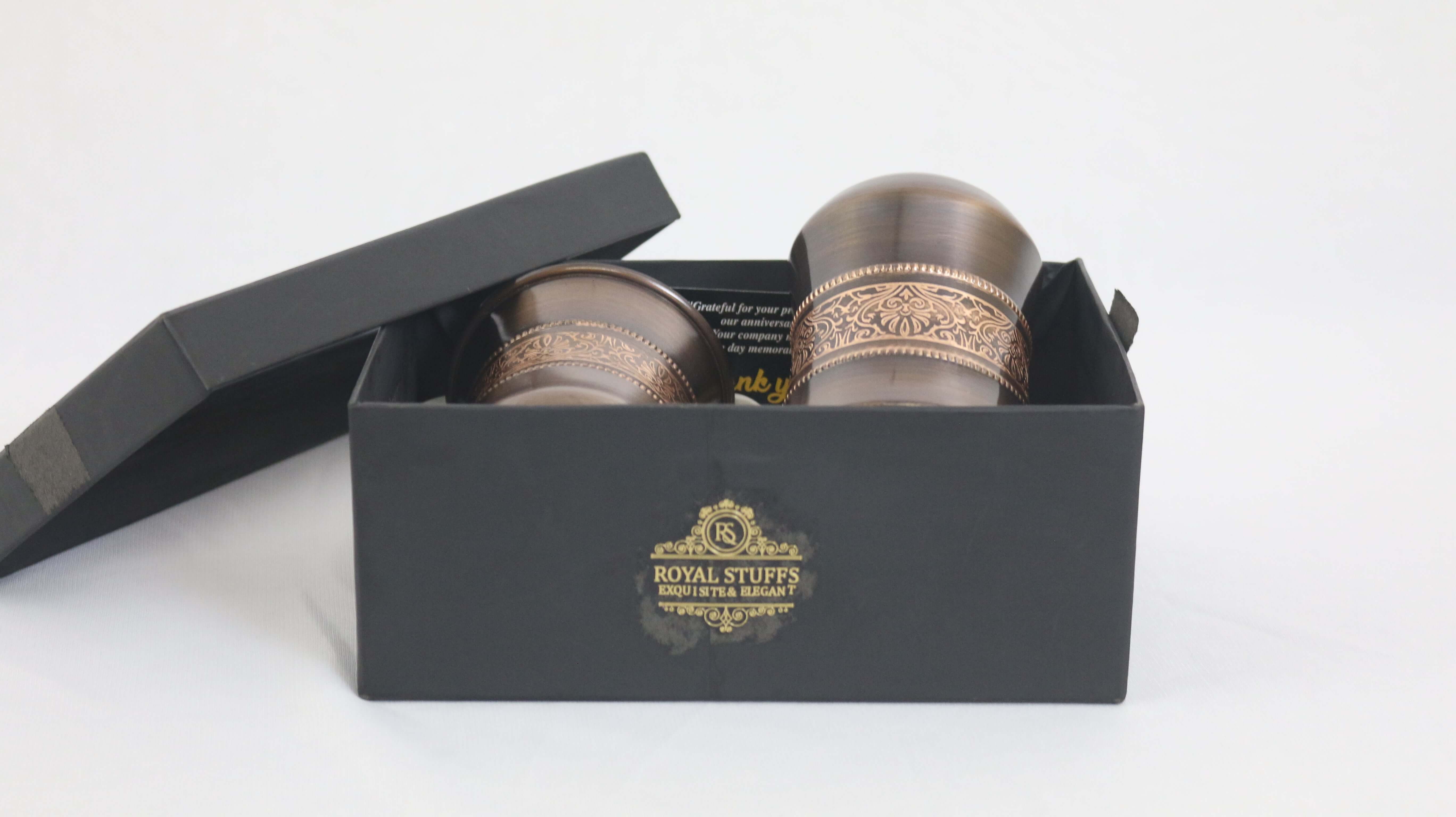 ROYALSTUFFS Pure Copper Water Glass Set of 2 Brown Antique Engraved Tumbler Capacity 300ML With Box