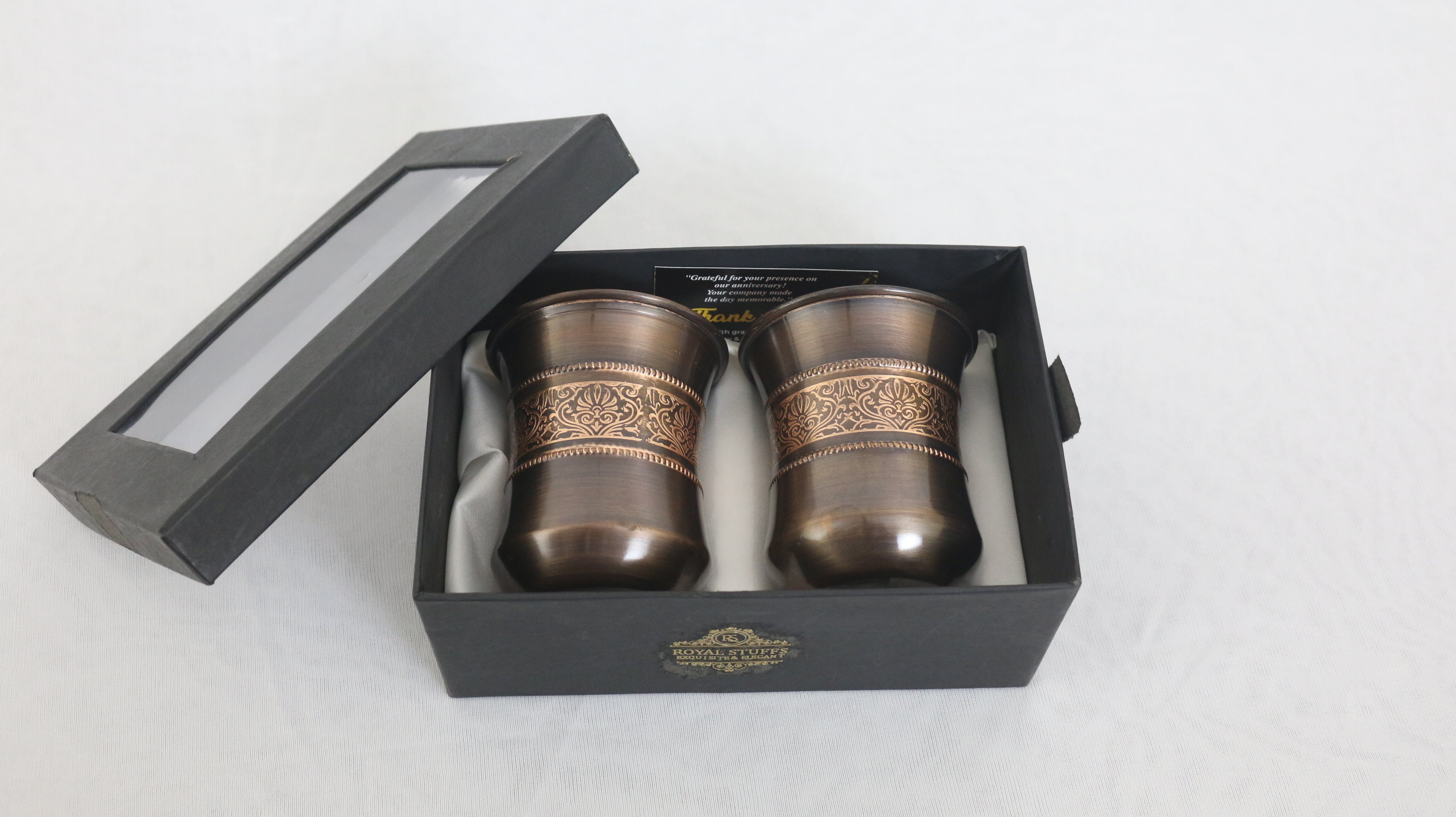 ROYALSTUFFS Pure Copper Water Glass Set of 2 Brown Antique Engraved Tumbler Capacity 300ML With Box