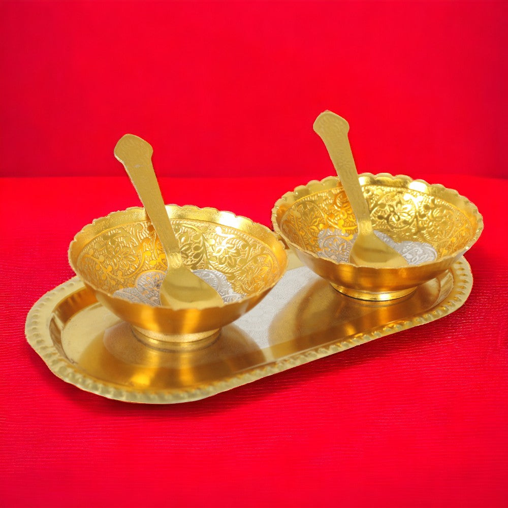 ROYALSTUFFS  Best Quality Brass With Silver Plating & Gold Polished 2 Bowl, 2 Spoon & 1 Tray Set With Red Velvet Gift Box