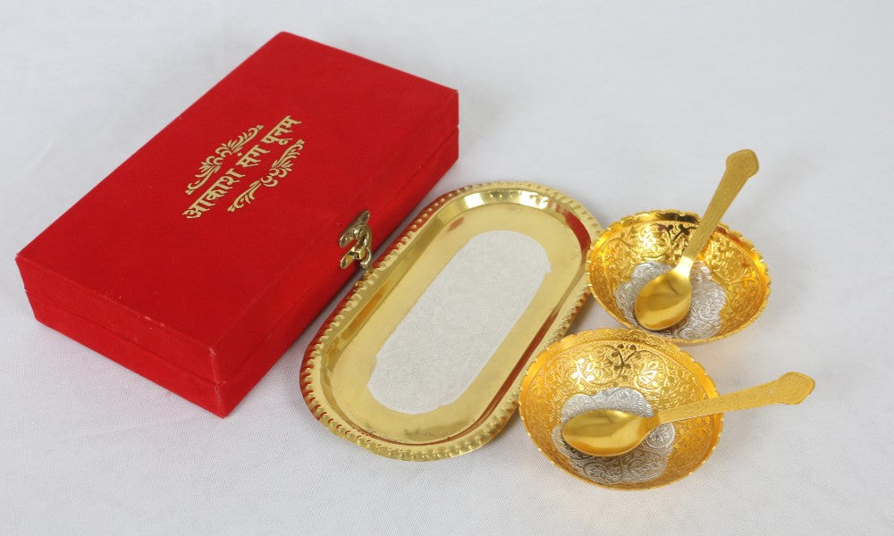 ROYALSTUFFS  Best Quality Brass With Silver Plating & Gold Polished 2 Bowl, 2 Spoon & 1 Tray Set With Red Velvet Gift Box