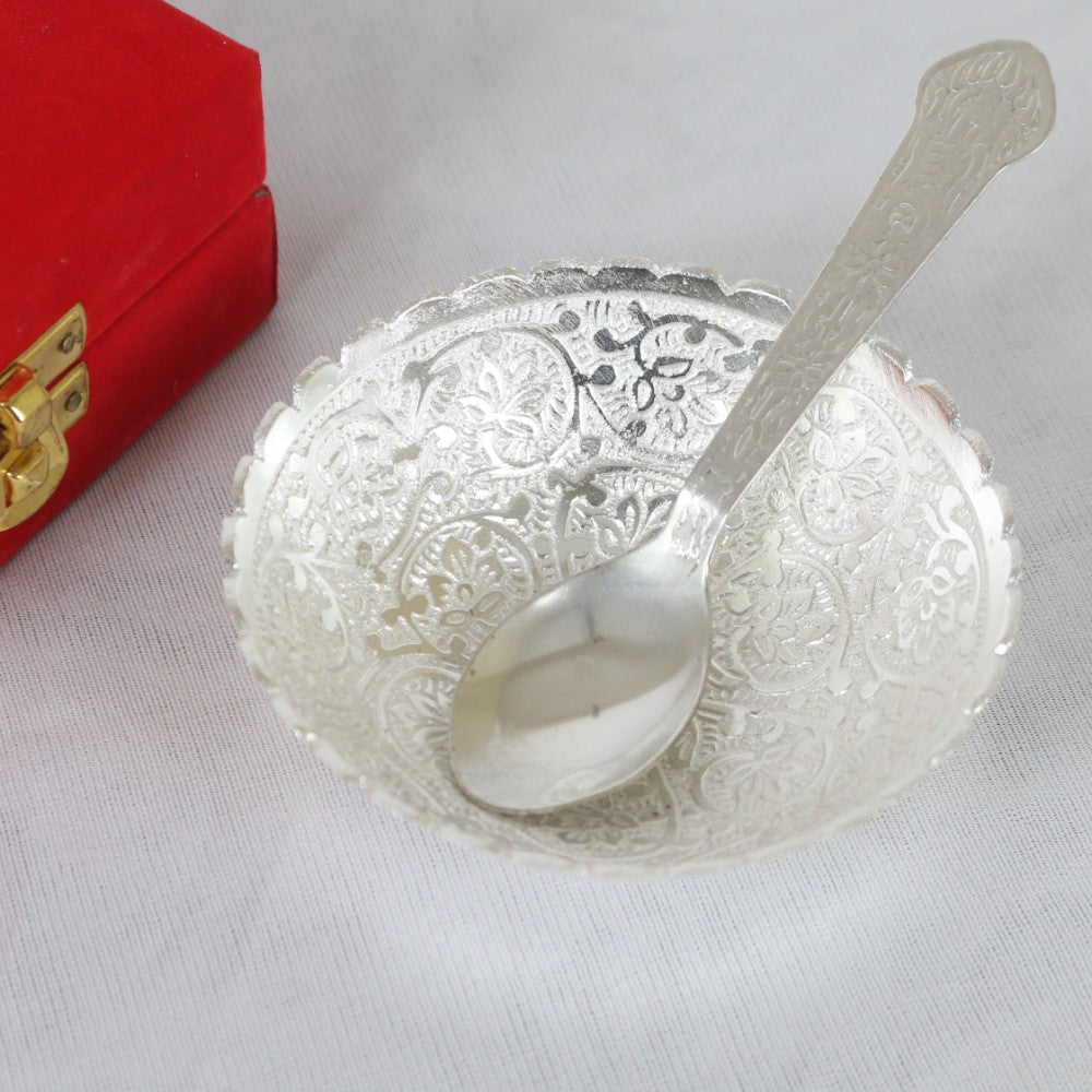 ROYALSTUFFS  Silver Plated Floral Design Bowl 130 ML with 1 Spoon