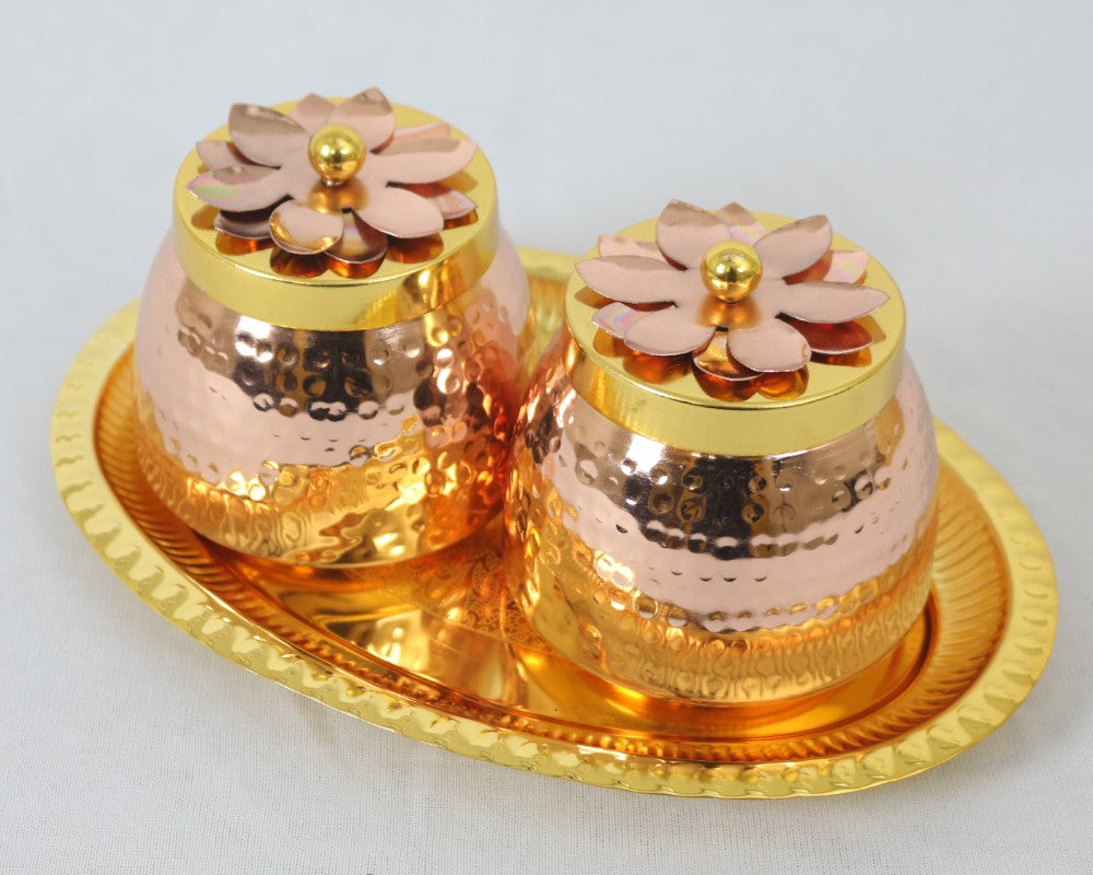 ROYALSTUFFS Double Gold Copper Plated Flower Design Jar/Copper Container with Tray for dry fruits/Decorative Serving Box Set of 3 Size 4 Inch Packed in Golden Box Serveware | Tableware | Gift Item | Home decor