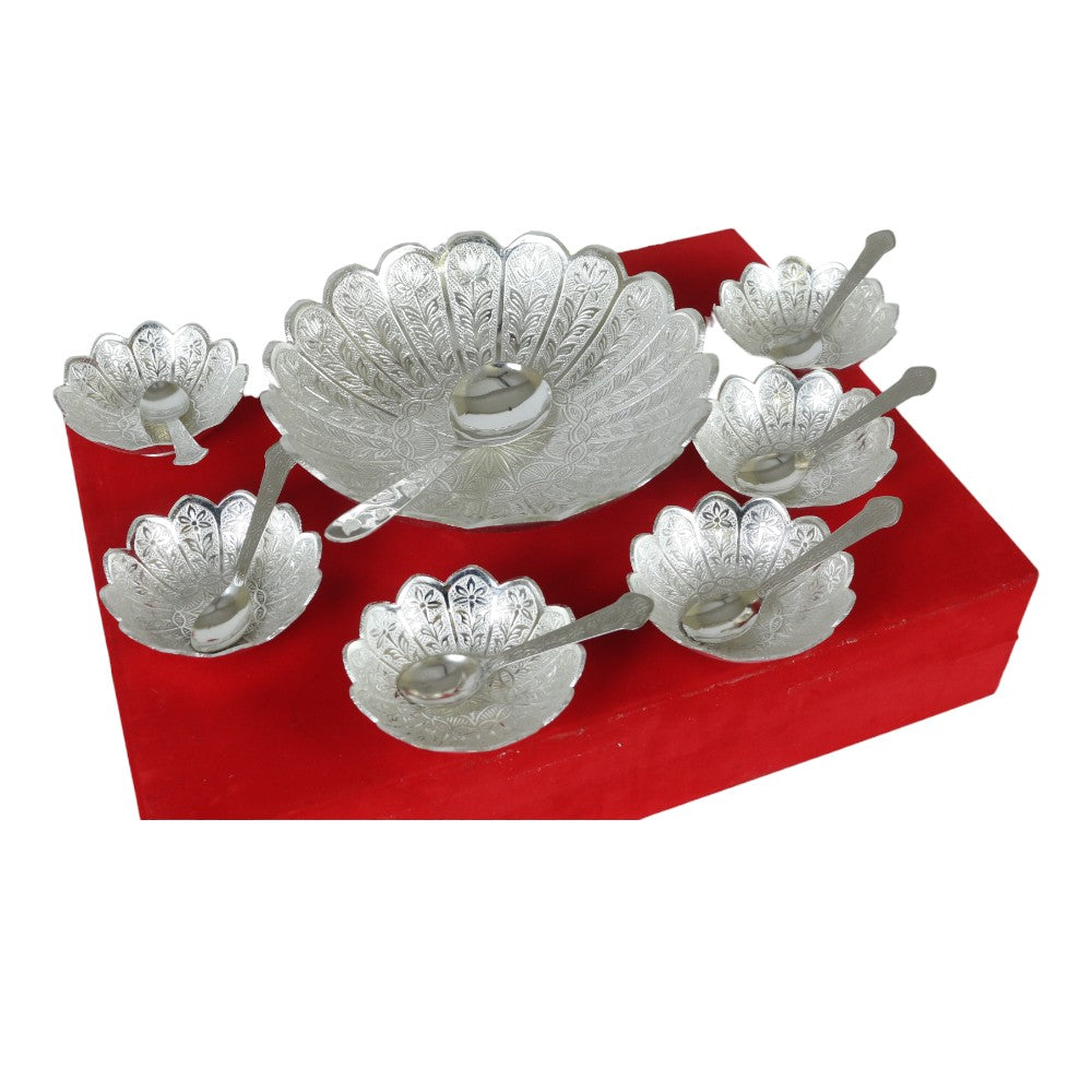 ROYALSTUFFS Silver Plated Handmade Designer Set of 6 Small Bowl & 1 Big Bowl 6 Small Spoon & 1 Big Spoon With 1 Tray With Beautiful Red Velvet Box