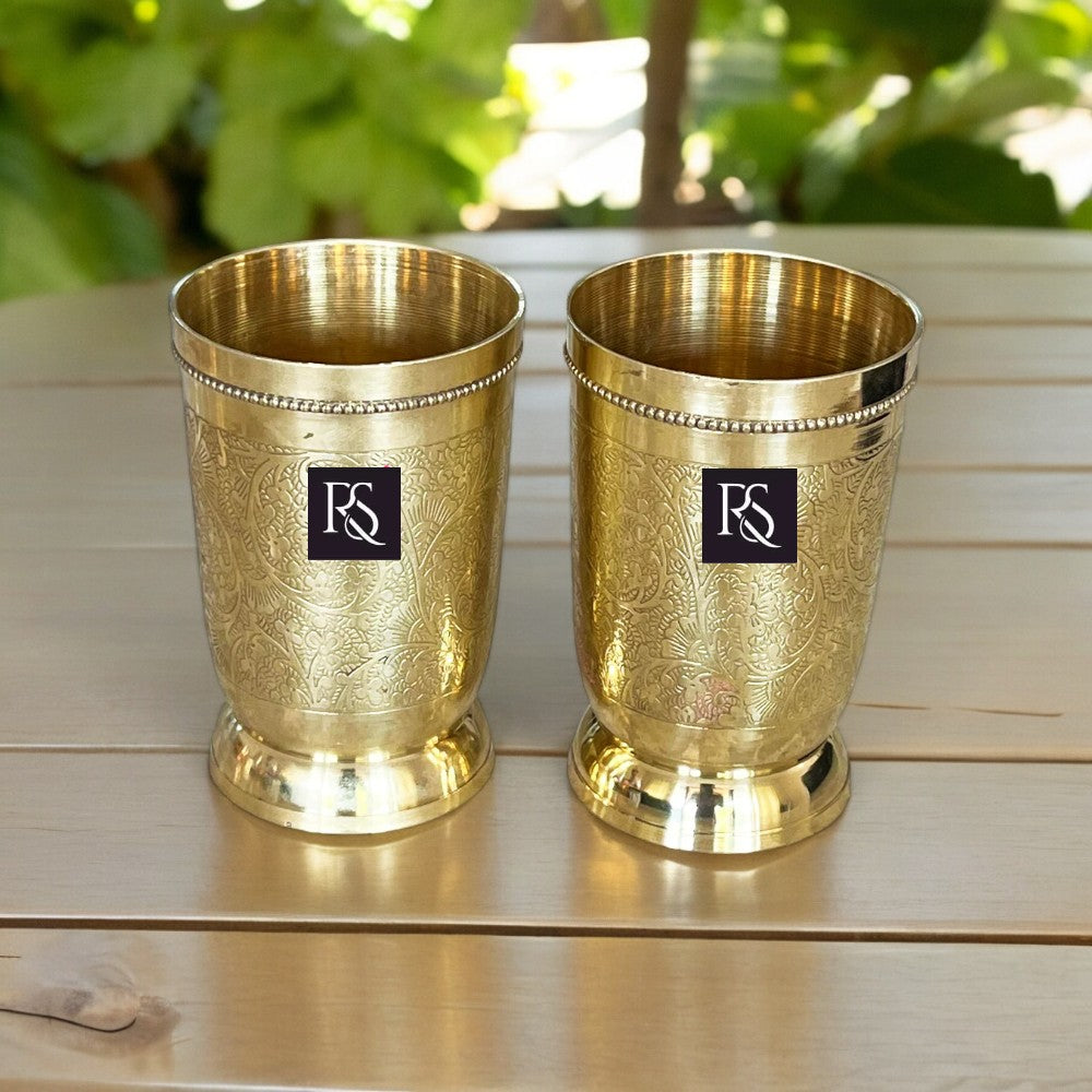 Set of 2 Embossed Design Brass Water Glasses Handcrafted - 200ml Capacity